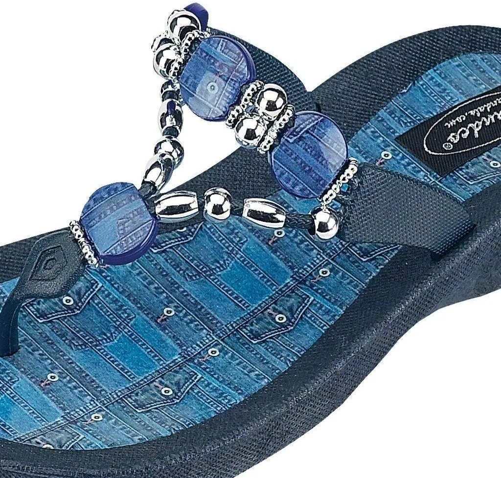 Women's 25574d Denim Beaded Waterproof Sole Thong Flip-Flop Sandals