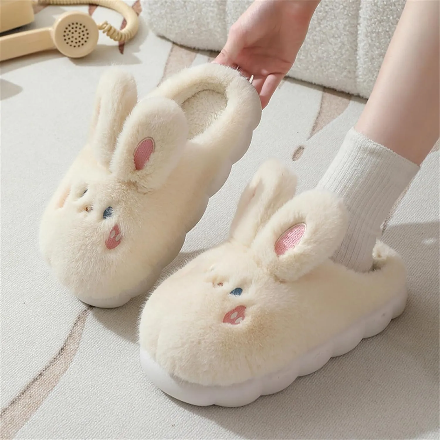 Women's & Men's Warm Plush Rabbit Slippers - Adult Cotton Indoor Non-Slip Home Thick Bottom Slippers for Winter Warmth