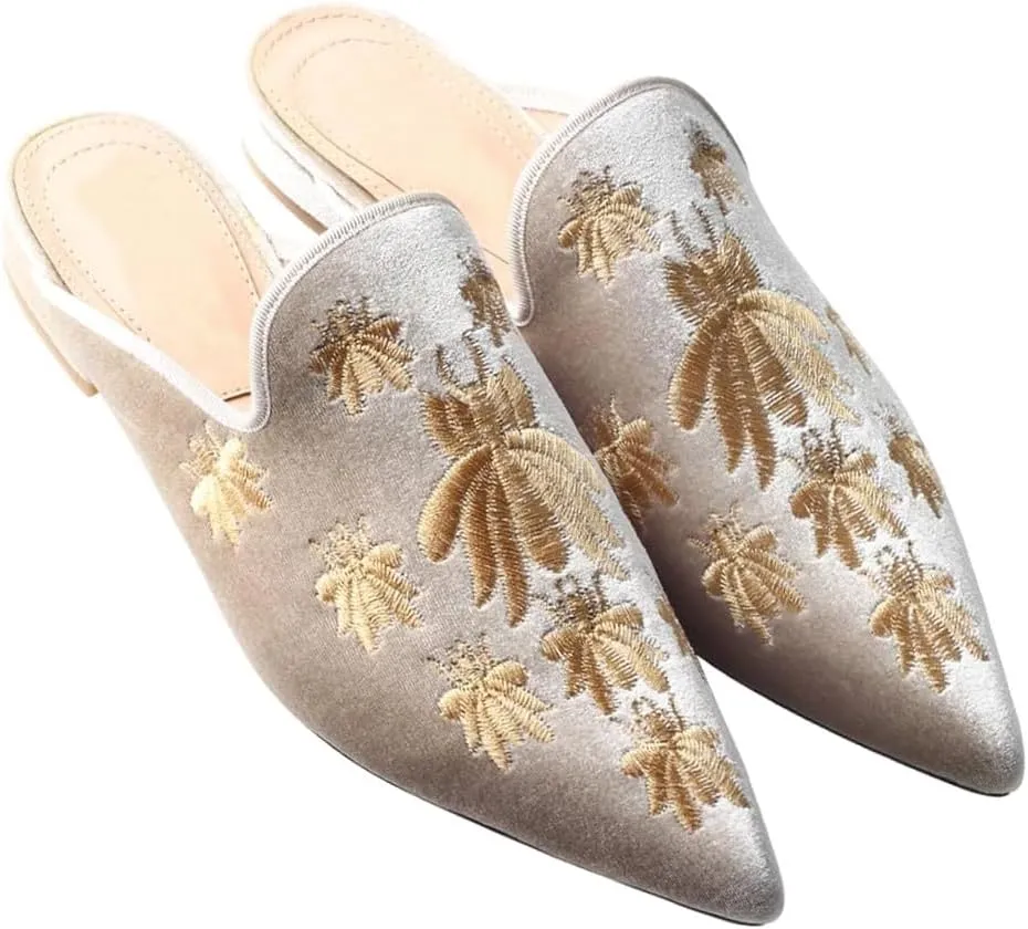 Women's Backless Comfort Slip On Casual Flats Embroidery Mule Slippers Shoes