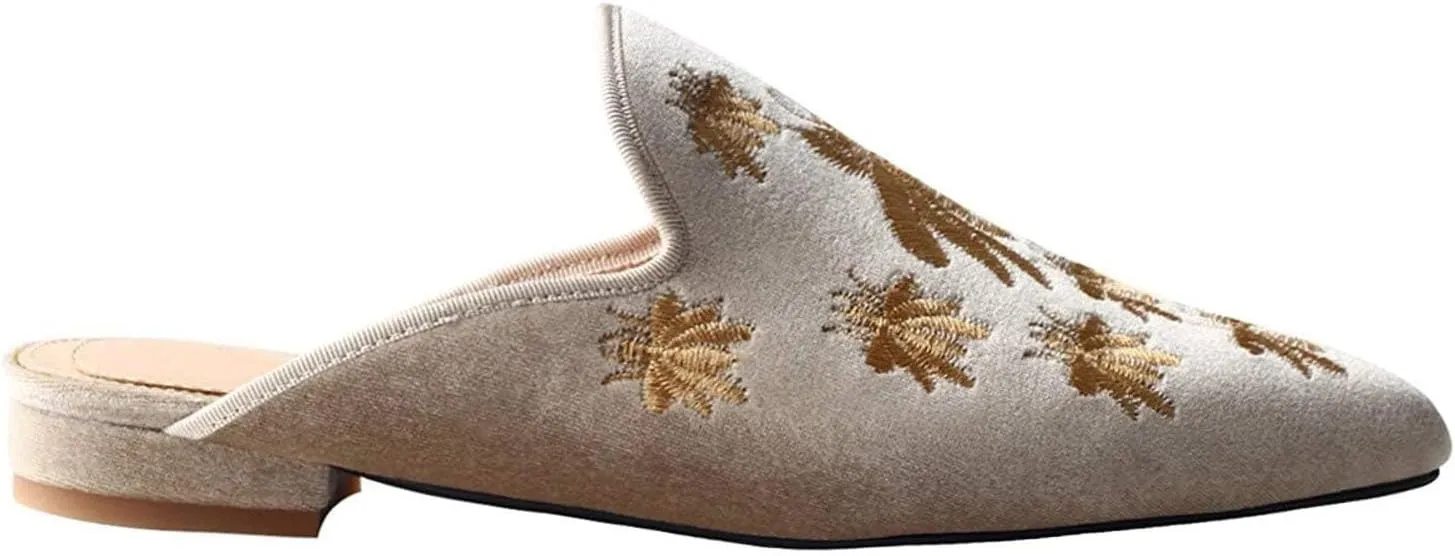 Women's Backless Comfort Slip On Casual Flats Embroidery Mule Slippers Shoes