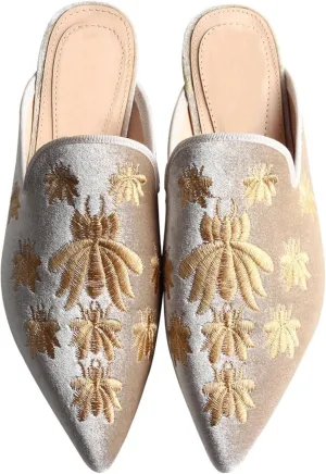 Women's Backless Comfort Slip On Casual Flats Embroidery Mule Slippers Shoes