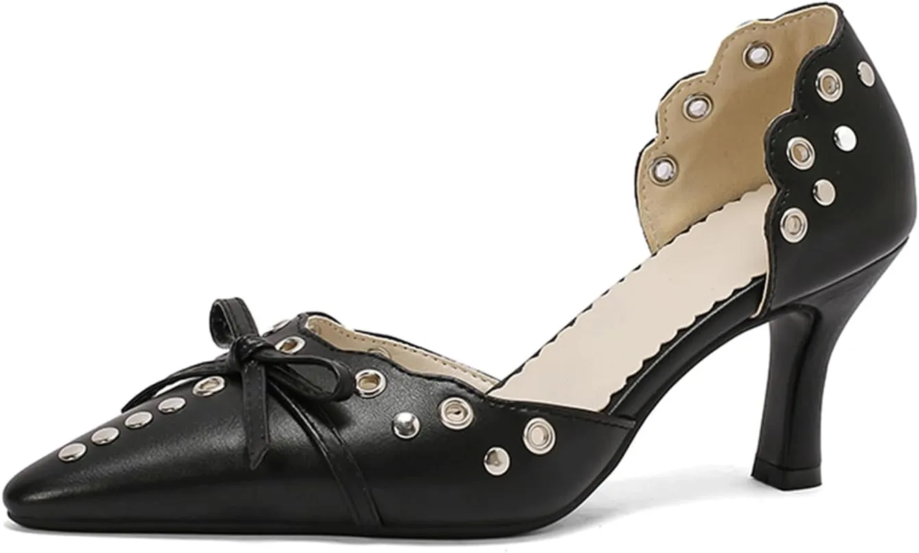 Women's Black Heels, Elegant Bow Pointed-Toe Heels, Sexy Vintage Studded Kitten Heels, Dress Party Wedding Work Backless Mule Pumps
