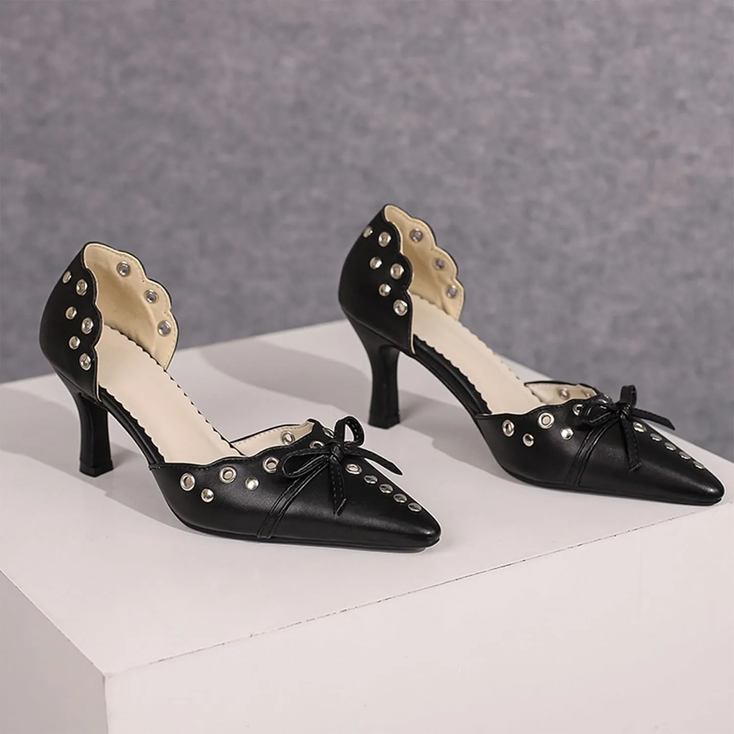 Women's Black Heels, Elegant Bow Pointed-Toe Heels, Sexy Vintage Studded Kitten Heels, Dress Party Wedding Work Backless Mule Pumps