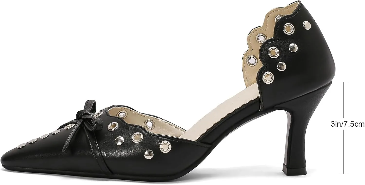 Women's Black Heels, Elegant Bow Pointed-Toe Heels, Sexy Vintage Studded Kitten Heels, Dress Party Wedding Work Backless Mule Pumps
