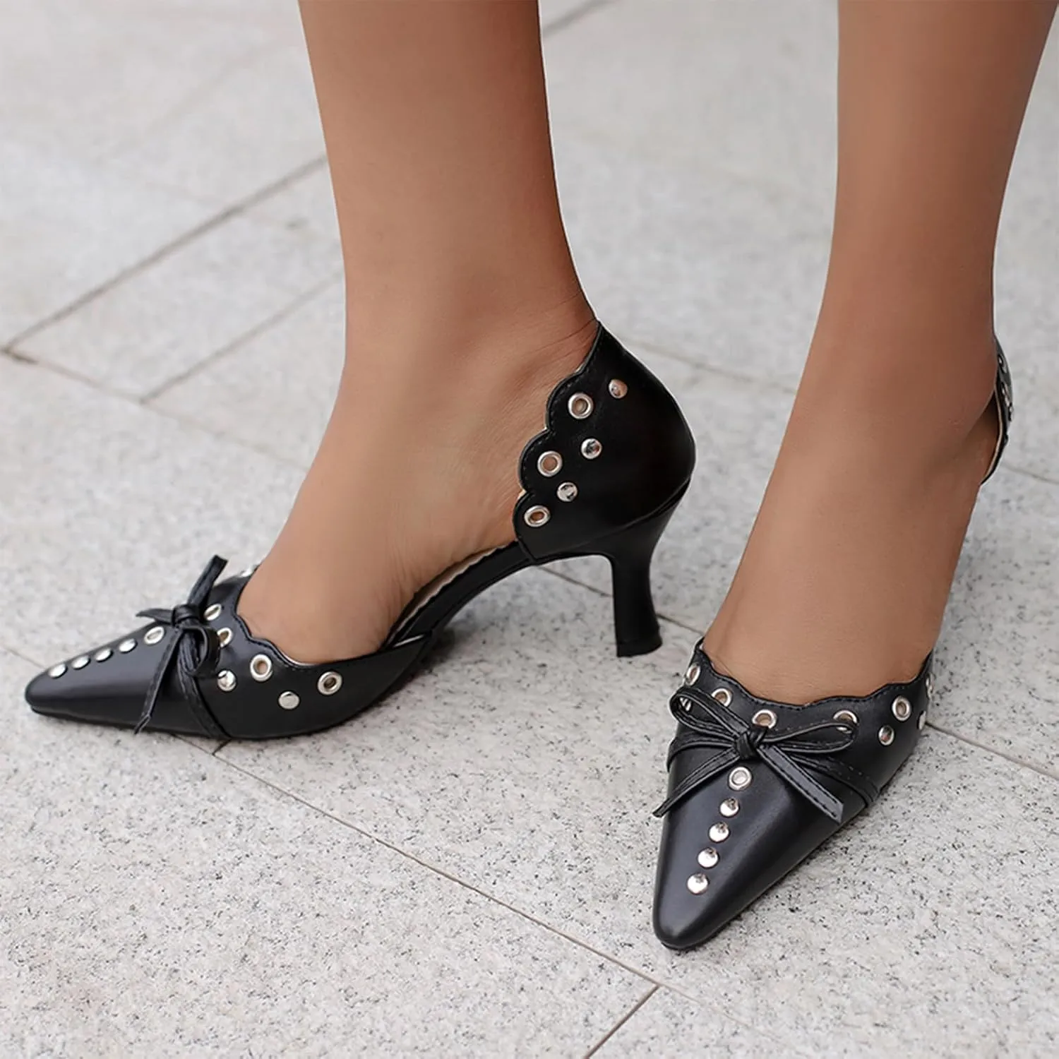 Women's Black Heels, Elegant Bow Pointed-Toe Heels, Sexy Vintage Studded Kitten Heels, Dress Party Wedding Work Backless Mule Pumps