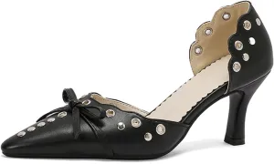 Women's Black Heels, Elegant Bow Pointed-Toe Heels, Sexy Vintage Studded Kitten Heels, Dress Party Wedding Work Backless Mule Pumps