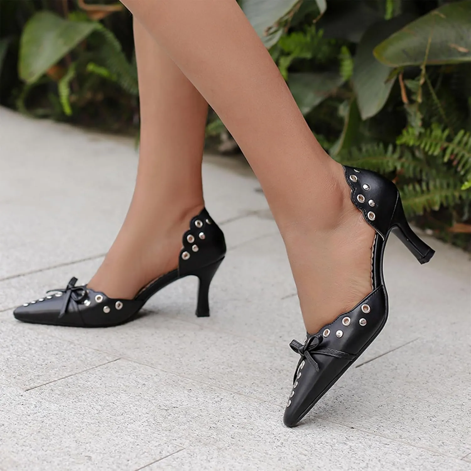 Women's Black Heels, Elegant Bow Pointed-Toe Heels, Sexy Vintage Studded Kitten Heels, Dress Party Wedding Work Backless Mule Pumps