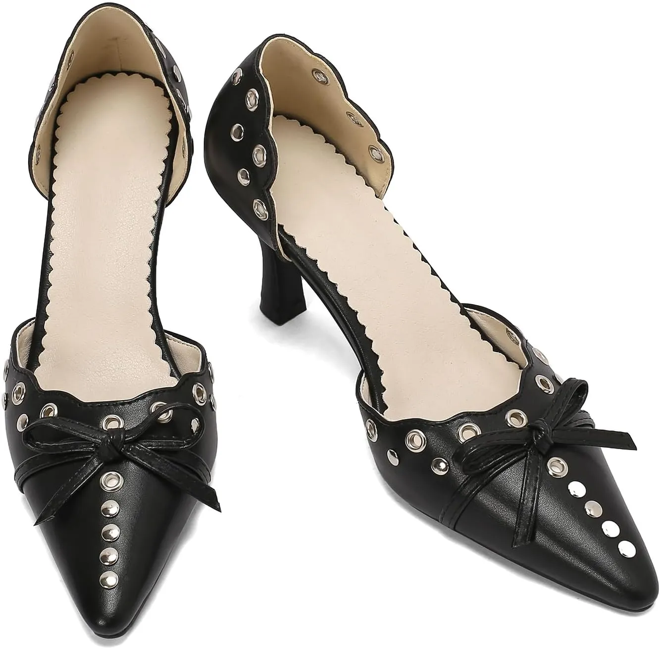 Women's Black Heels, Elegant Bow Pointed-Toe Heels, Sexy Vintage Studded Kitten Heels, Dress Party Wedding Work Backless Mule Pumps