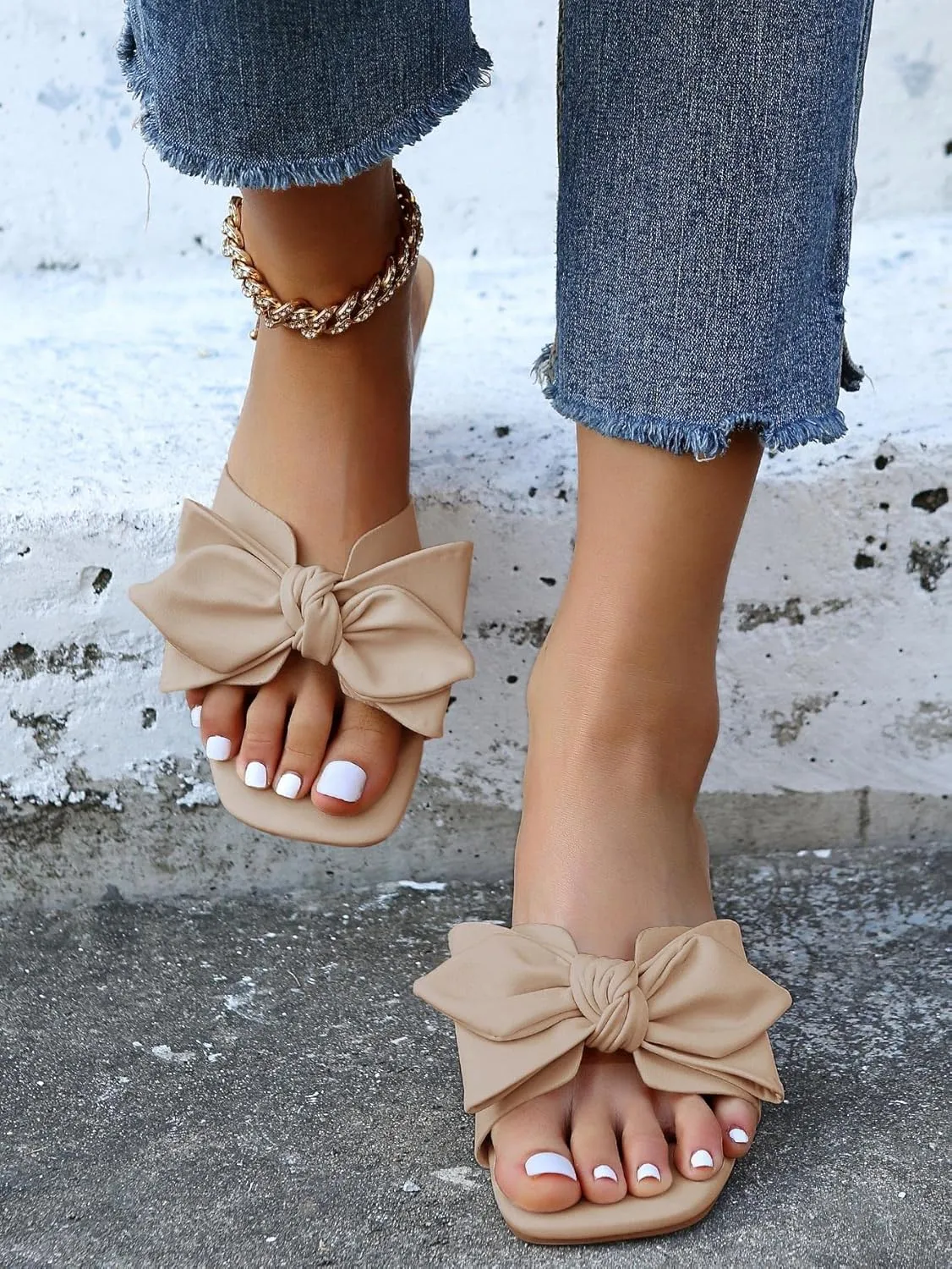 Womens Bow Dressy Low Heel Sandals Slides Summer Chunky Block Heeled Open Toe Mules Slip on Slippers Shoes