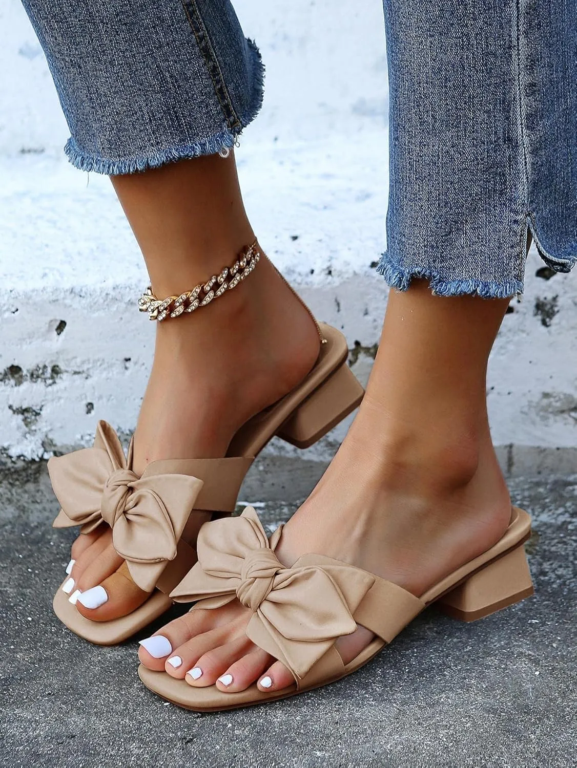 Womens Bow Dressy Low Heel Sandals Slides Summer Chunky Block Heeled Open Toe Mules Slip on Slippers Shoes