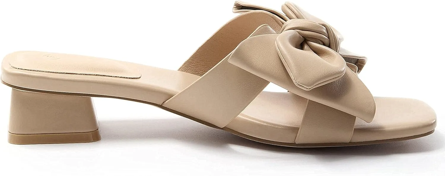 Womens Bow Dressy Low Heel Sandals Slides Summer Chunky Block Heeled Open Toe Mules Slip on Slippers Shoes