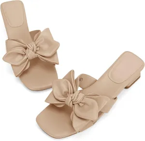 Womens Bow Dressy Low Heel Sandals Slides Summer Chunky Block Heeled Open Toe Mules Slip on Slippers Shoes
