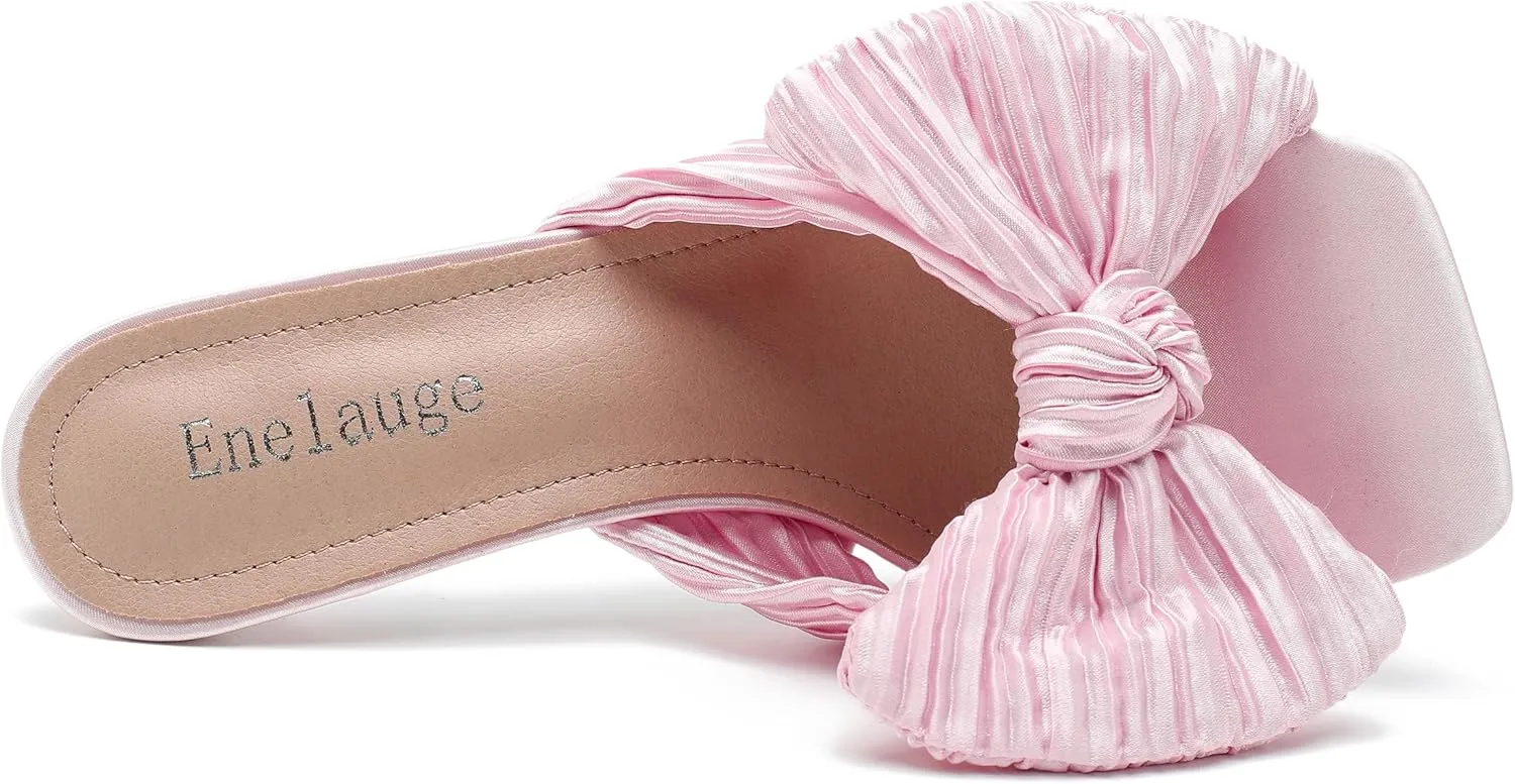 Women's Bow Knot Heeled Sandals Open Toe Low Kitten Heels Mules Sandals Slip On Pleated Wedding Bridal Party Dress Shoes