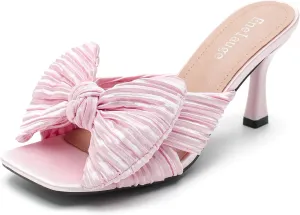 Women's Bow Knot Heeled Sandals Open Toe Low Kitten Heels Mules Sandals Slip On Pleated Wedding Bridal Party Dress Shoes