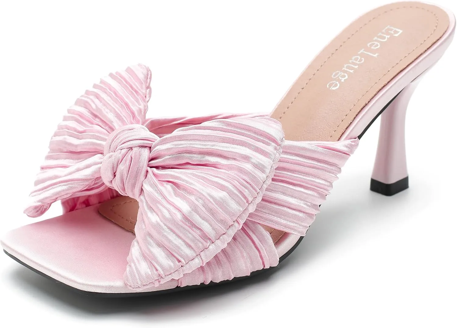 Women's Bow Knot Heeled Sandals Open Toe Low Kitten Heels Mules Sandals Slip On Pleated Wedding Bridal Party Dress Shoes