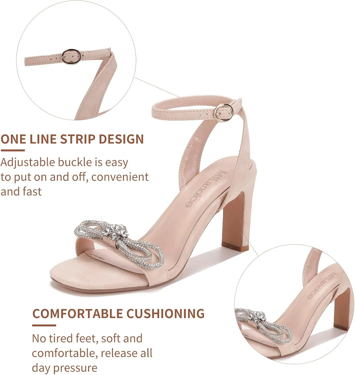 Women's Bow Tie Rhinestone Chunky High Heeled Sandals Square Toe Party Dress Wedding Shoes Suede Ankle Strap Pump Sandals
