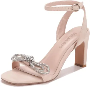 Women's Bow Tie Rhinestone Chunky High Heeled Sandals Square Toe Party Dress Wedding Shoes Suede Ankle Strap Pump Sandals
