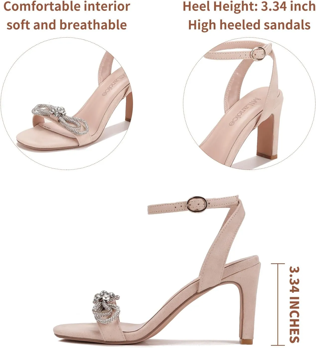 Women's Bow Tie Rhinestone Chunky High Heeled Sandals Square Toe Party Dress Wedding Shoes Suede Ankle Strap Pump Sandals