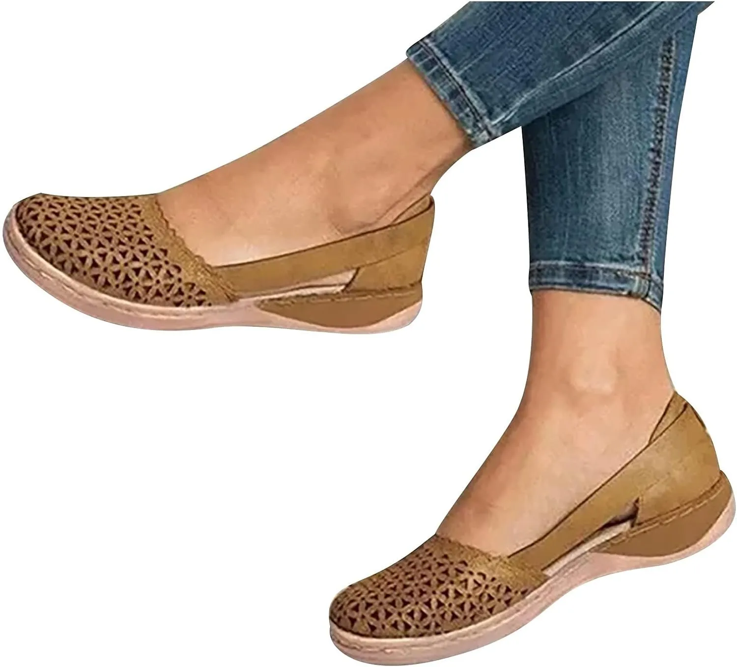 Women's Breathable Wedge Sandals Round Head Closed Toe Hollow Out Slip-on Stretchy Low Heel Sandals Comfortable Summer Outdoor Walking Shoes