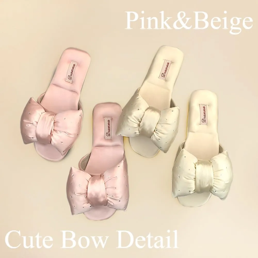 Women's Bride Slippers With Bow Satin Bridesmaid Slides Cute Bedroom Slippers Non Slip Sole For Wedding Party Indoor Spa