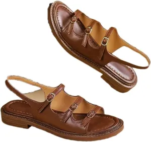 Womens Buckle Strap Back Strap Flat Heel Open Side Vamp Gladiator Sandals Leather Rome Detail Casual Summer Sandals