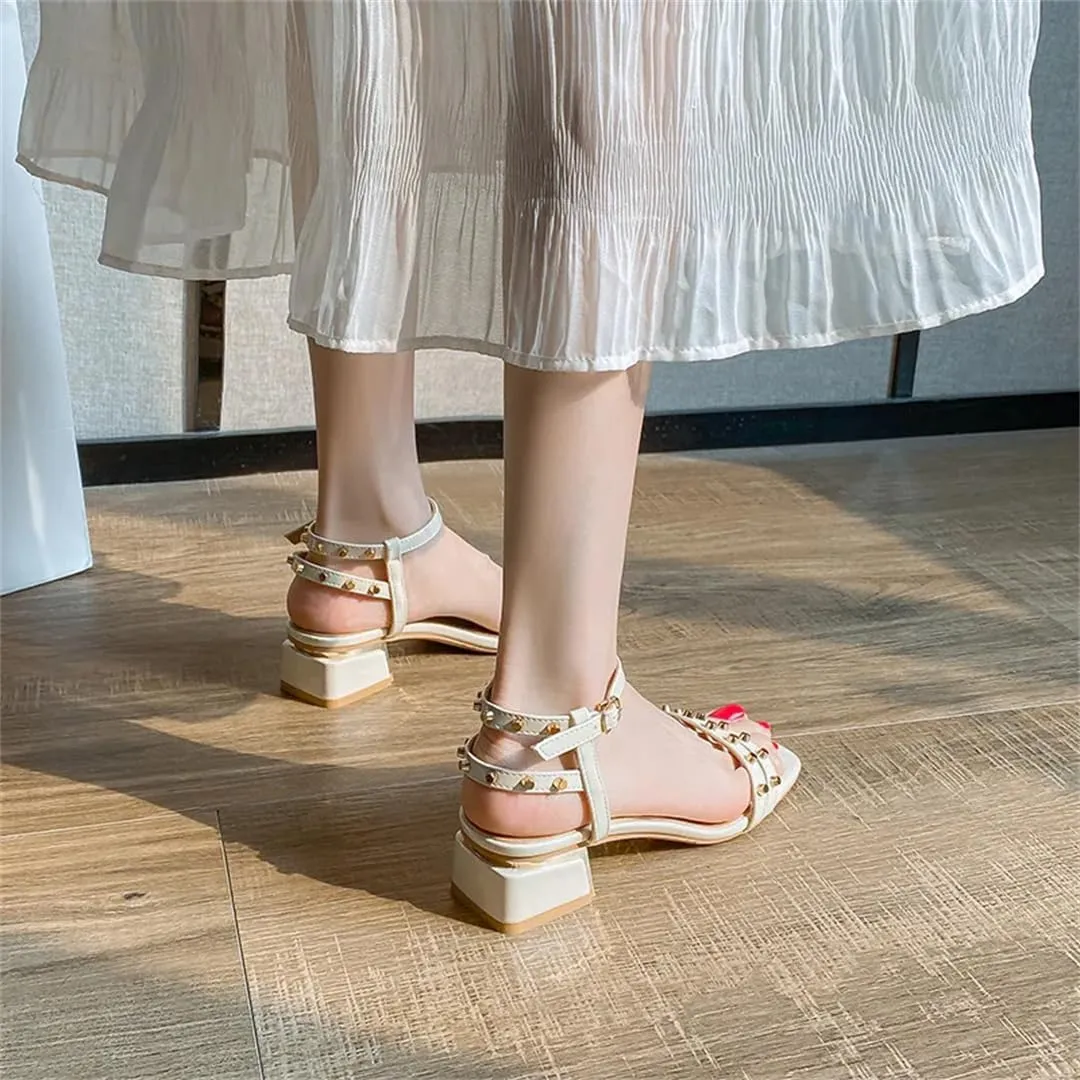 Womens Buckle Strap Back Strap Square Heel Open Side Vamp Modern Sandals Rivet Summer Sandals