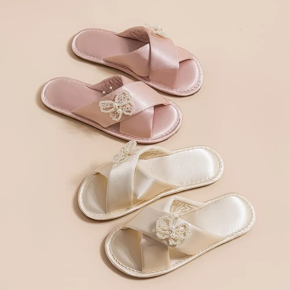 Women's Butterfly Bride Slippers Satin Strapped Bridesmaid Slides No Slip Soft For Wedding Party Home Outdoor Use