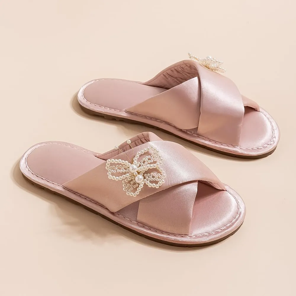 Women's Butterfly Bride Slippers Satin Strapped Bridesmaid Slides No Slip Soft For Wedding Party Home Outdoor Use
