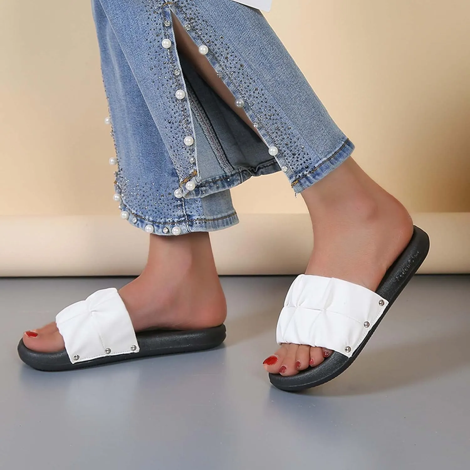 Women's Colorblock Ruched Flat Slipper Soft Anti-Slip Summer Sandals Casual Lounge SPA Slide Comfy Walking Sandal