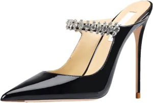 Women's Crystal Slipper Heels, Leather Pointed Toe Evening Pumps