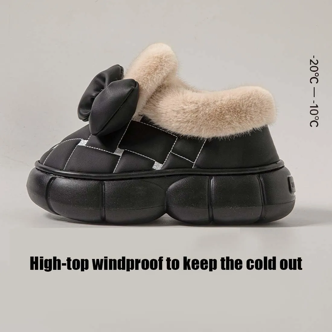 Women's Cute Bowknot Design Plush Lined SlipperBoots,Winter Warm Anti-Skid Waterproof Thick Sole House Bow Slippers for Women (Black,7.5-8.5)