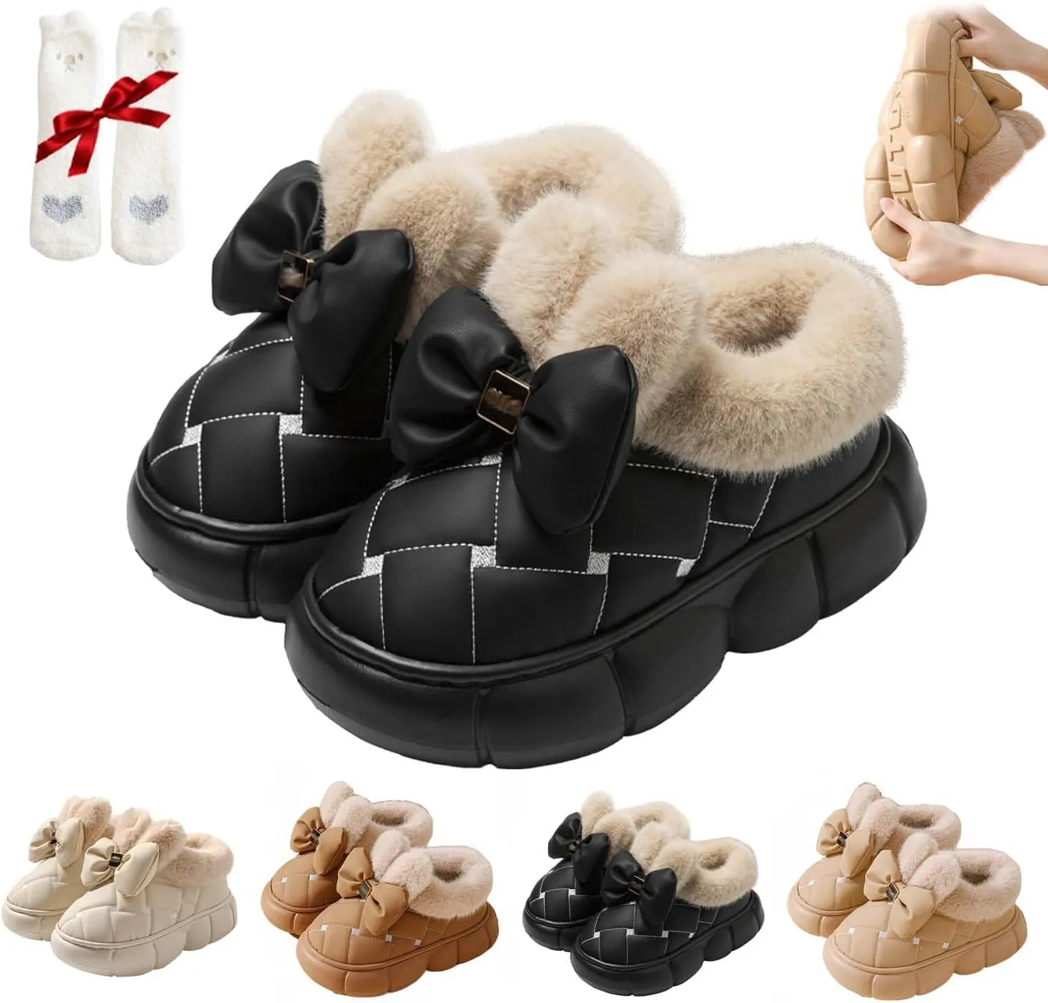 Women's Cute Bowknot Design Plush Lined SlipperBoots,Winter Warm Anti-Skid Waterproof Thick Sole House Bow Slippers for Women (Black,7.5-8.5)