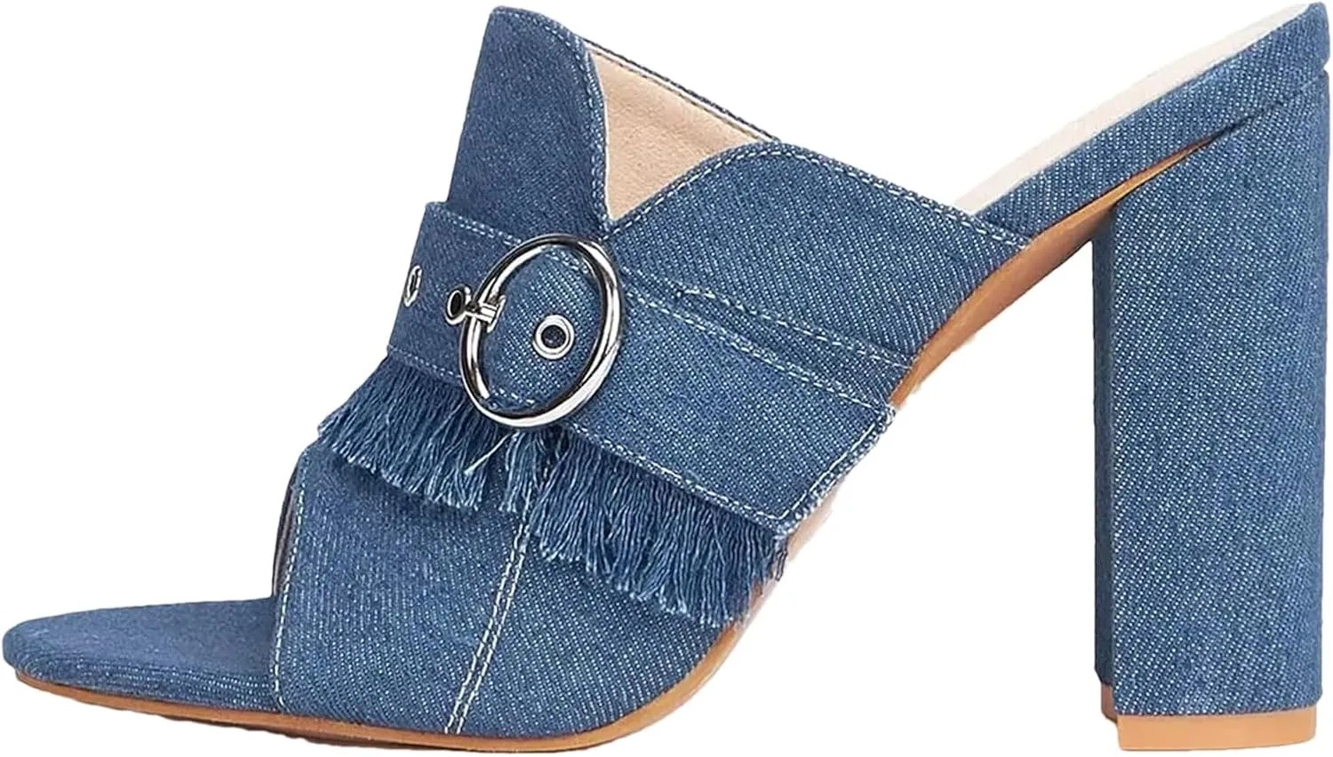 Women's Denim Blue Peep Toe Sandals, Block Heel Spring Summer Casual Slipper Style