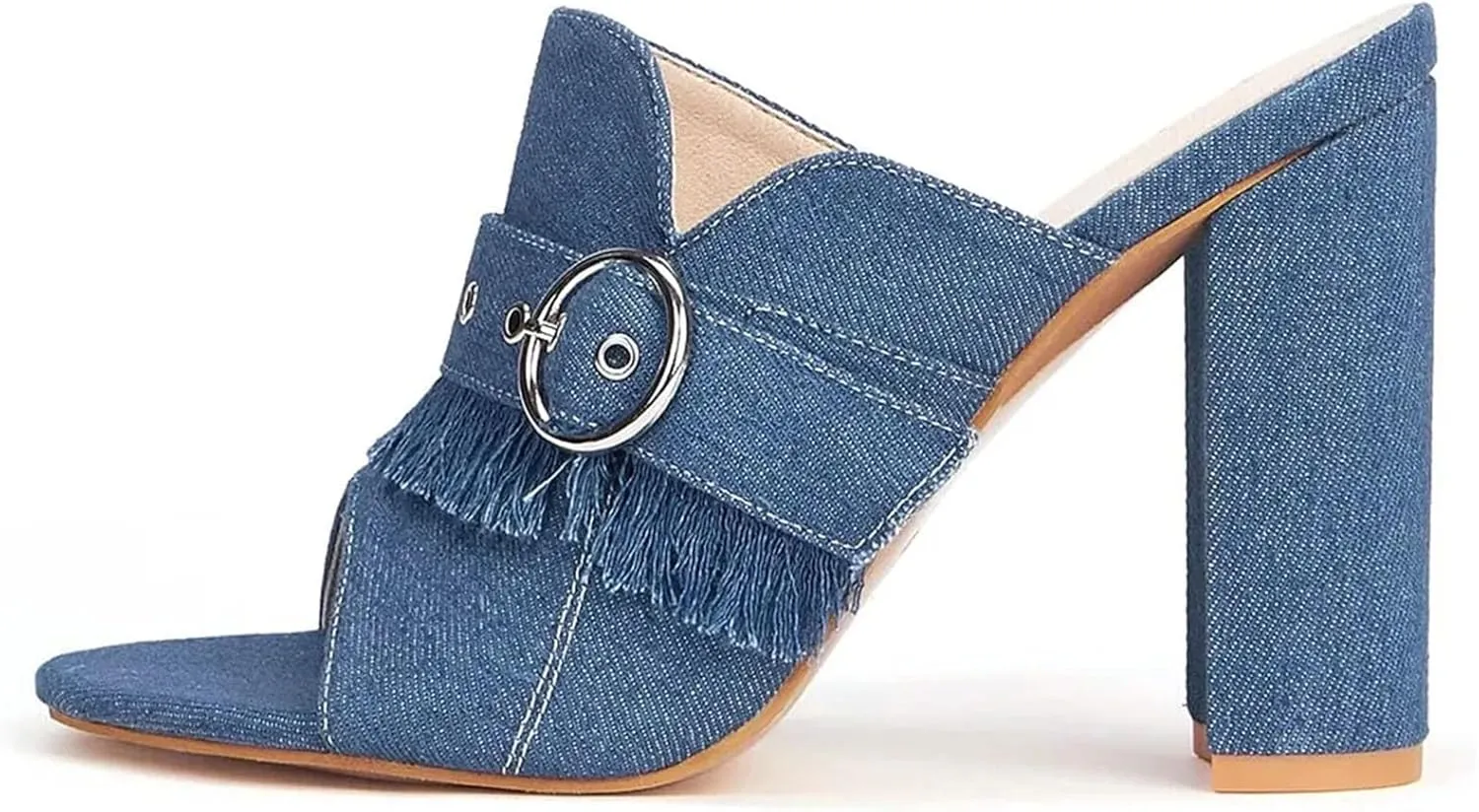 Women's Denim Blue Peep Toe Sandals, Block Heel Spring Summer Casual Slipper Style