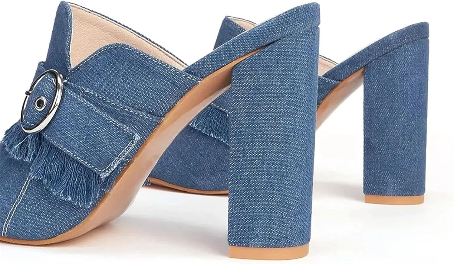 Women's Denim Blue Peep Toe Sandals, Block Heel Spring Summer Casual Slipper Style