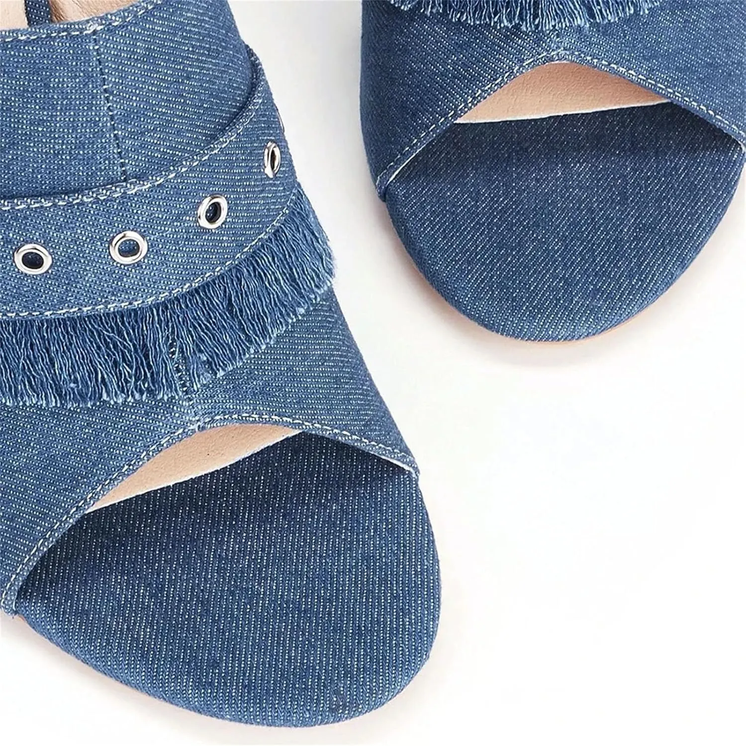 Women's Denim Blue Peep Toe Sandals, Block Heel Spring Summer Casual Slipper Style