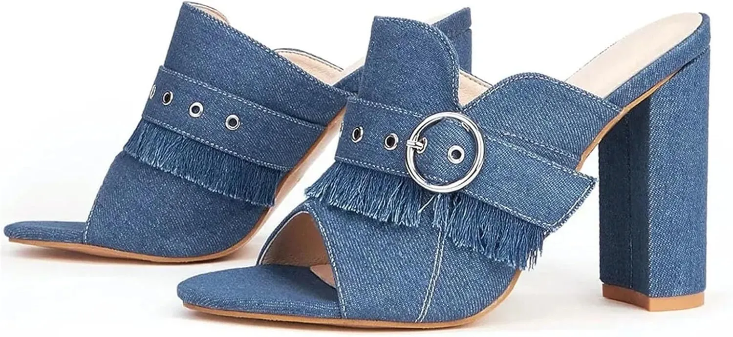 Women's Denim Blue Peep Toe Sandals, Block Heel Spring Summer Casual Slipper Style