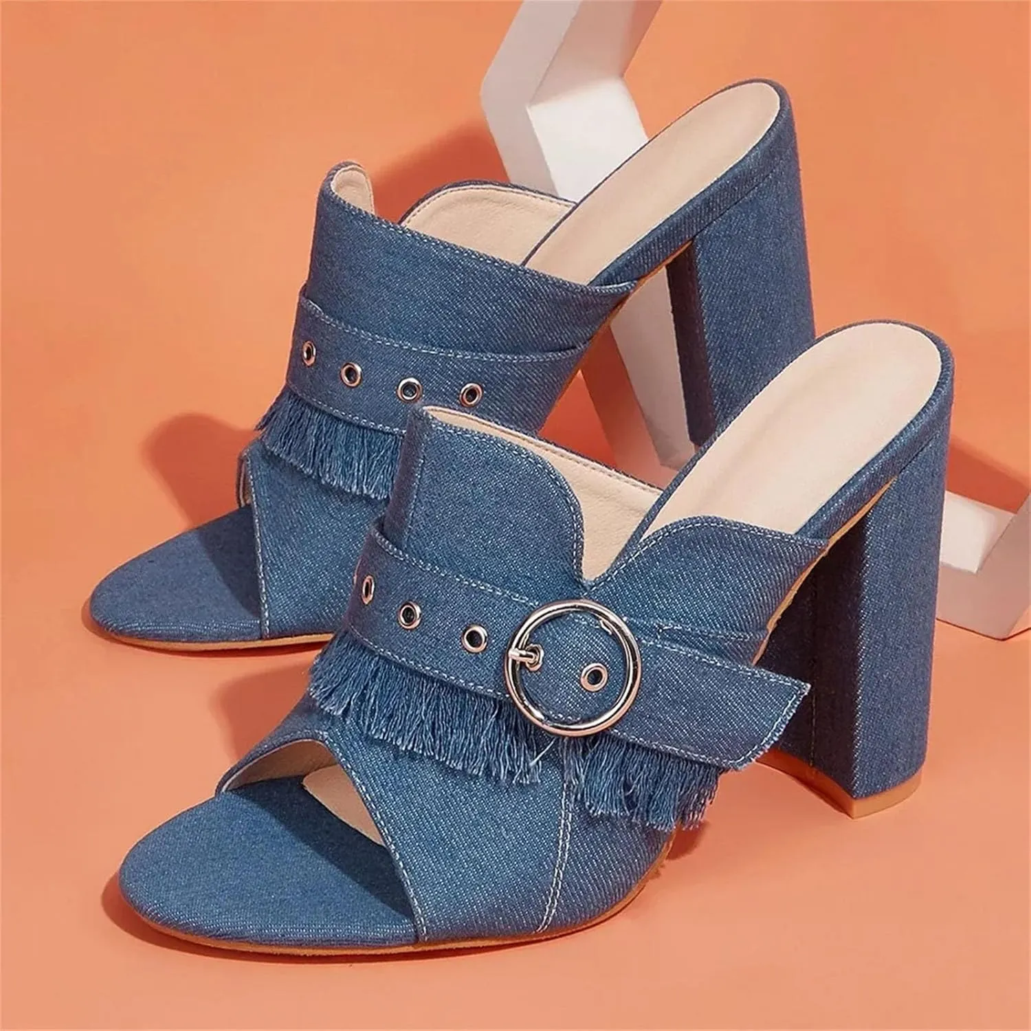 Women's Denim Blue Peep Toe Sandals, Block Heel Spring Summer Casual Slipper Style