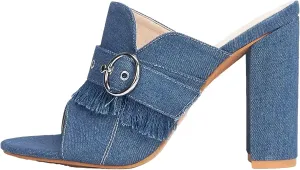 Women's Denim Blue Peep Toe Sandals, Block Heel Spring Summer Casual Slipper Style
