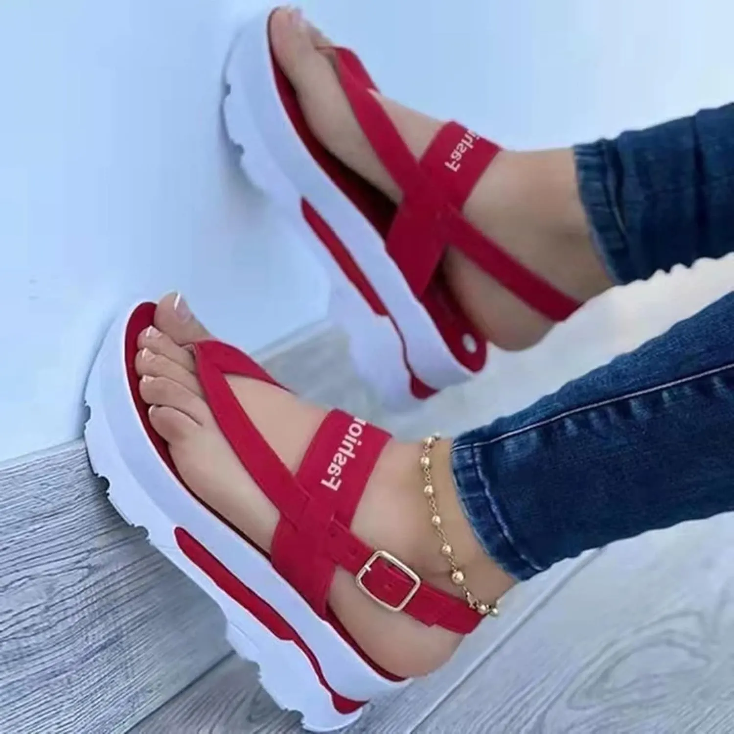 Women's Fashion Sports Sandals Casual Platform Flip Flops Summer Wedge Walking Sandals Buckle Ankle Strap Comfortable Thong Beach Shoes,Blue,US11/EU42