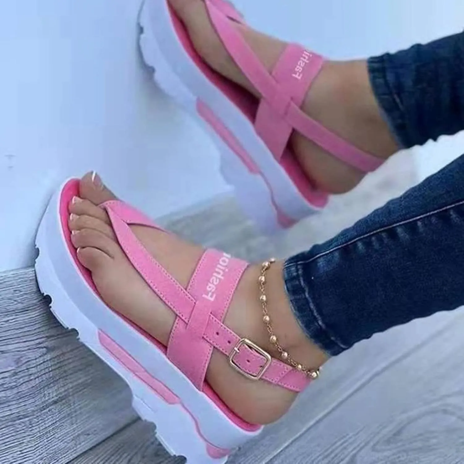 Women's Fashion Sports Sandals Casual Platform Flip Flops Summer Wedge Walking Sandals Buckle Ankle Strap Comfortable Thong Beach Shoes,Blue,US11/EU42