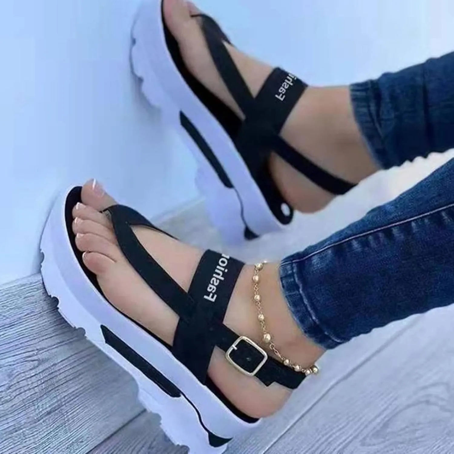 Women's Fashion Sports Sandals Casual Platform Flip Flops Summer Wedge Walking Sandals Buckle Ankle Strap Comfortable Thong Beach Shoes,Blue,US11/EU42