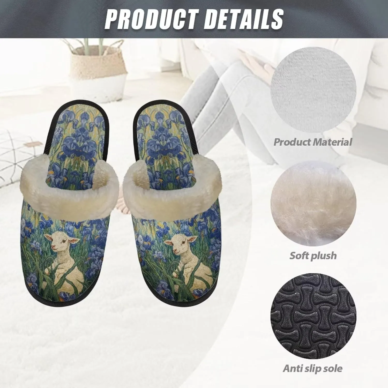 Women's Fluffy Plush Slippers Oil Painting Style House Slippers Winter Warm Fuzzy Shoes Lightweight Soft Cotton Shoes