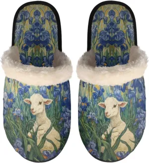 Women's Fluffy Plush Slippers Oil Painting Style House Slippers Winter Warm Fuzzy Shoes Lightweight Soft Cotton Shoes