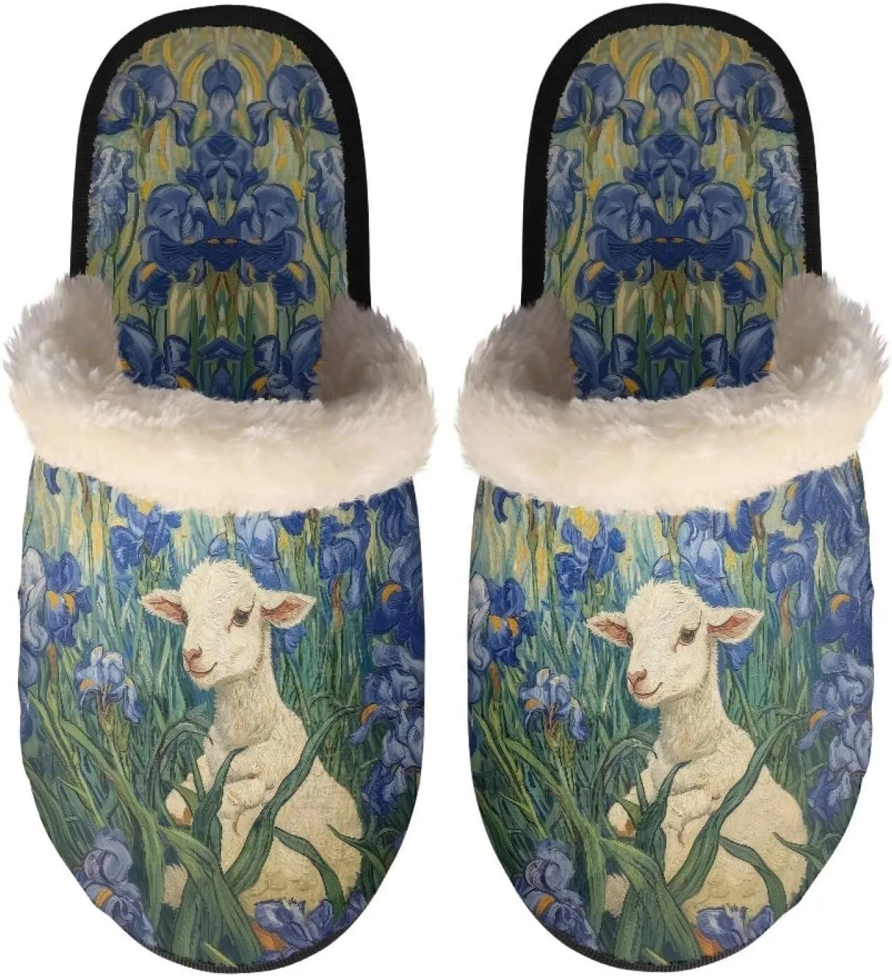 Women's Fluffy Plush Slippers Oil Painting Style House Slippers Winter Warm Fuzzy Shoes Lightweight Soft Cotton Shoes