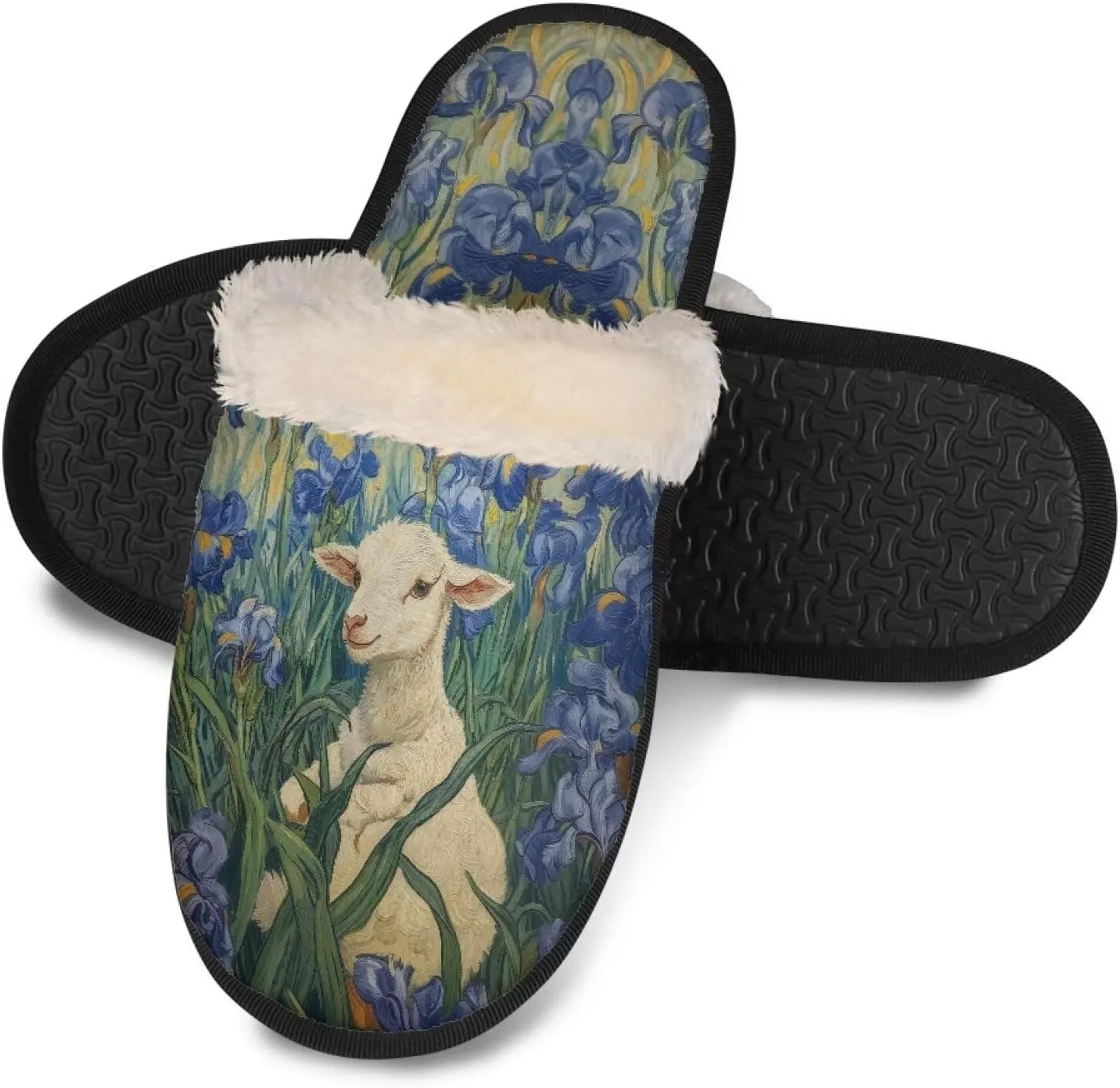 Women's Fluffy Plush Slippers Oil Painting Style House Slippers Winter Warm Fuzzy Shoes Lightweight Soft Cotton Shoes