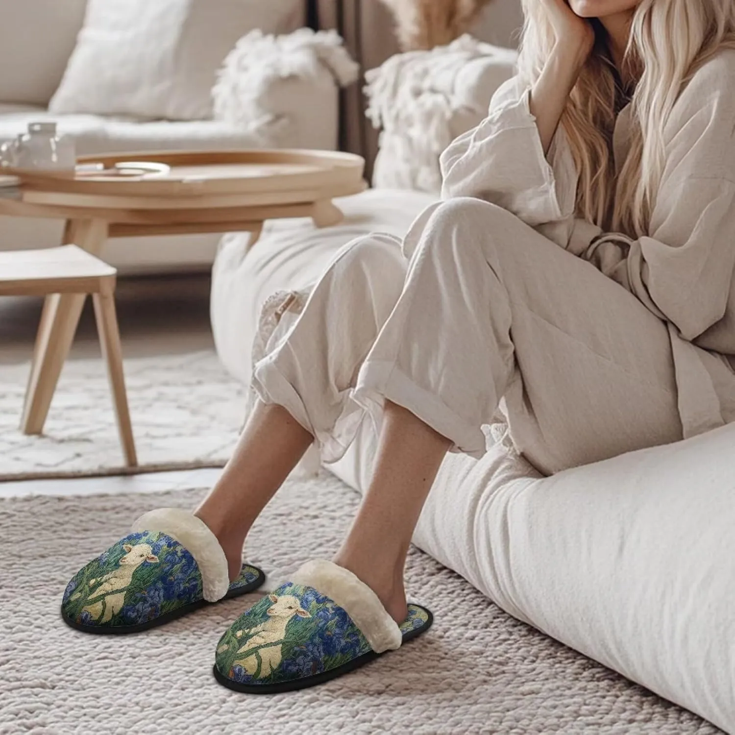 Women's Fluffy Plush Slippers Oil Painting Style House Slippers Winter Warm Fuzzy Shoes Lightweight Soft Cotton Shoes