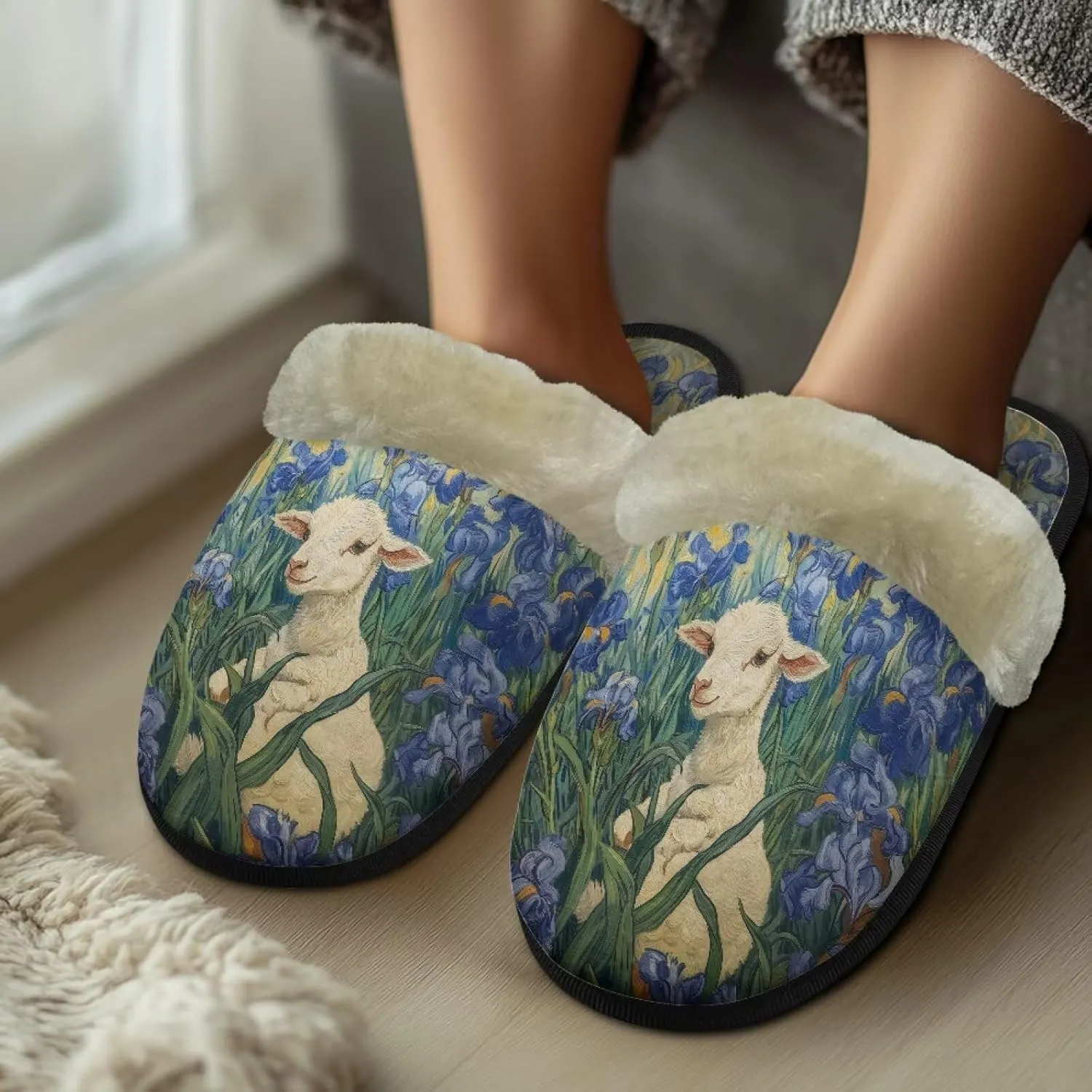 Women's Fluffy Plush Slippers Oil Painting Style House Slippers Winter Warm Fuzzy Shoes Lightweight Soft Cotton Shoes