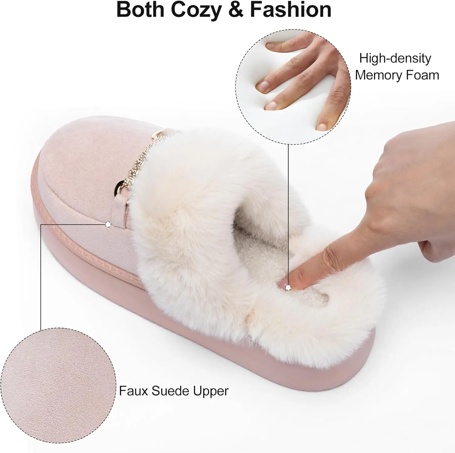 Womens Fuzzy Memory Foam Slippers for Women Winter House Slippers Warm Comfy Shoes Indoor Outdoor Suede Platform with Anti-Skid Sole Gift for Women Mom Ladies