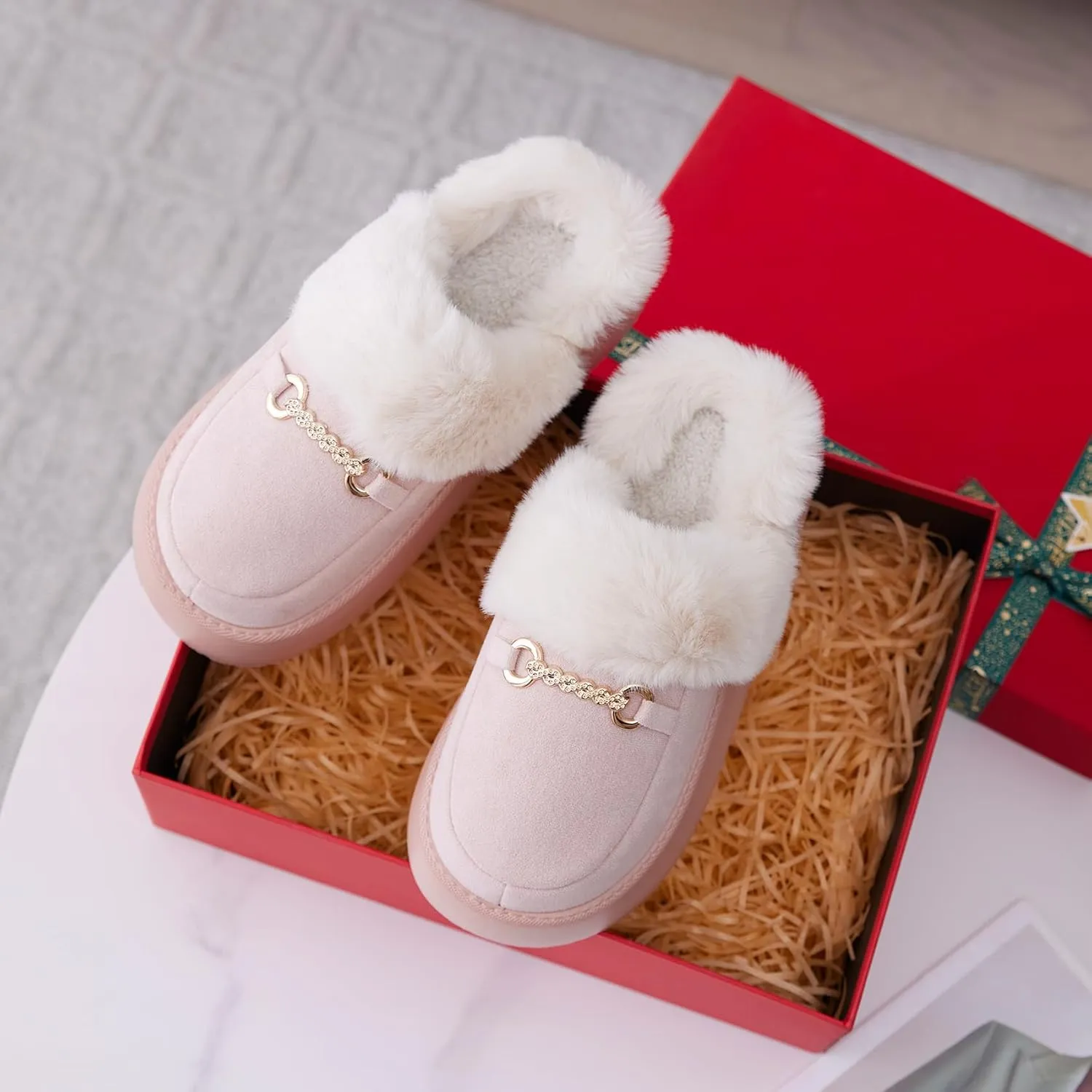 Womens Fuzzy Memory Foam Slippers for Women Winter House Slippers Warm Comfy Shoes Indoor Outdoor Suede Platform with Anti-Skid Sole Gift for Women Mom Ladies